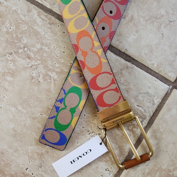 COACH ROLLER BUCKLE CUT-TO-SIZE REVERSIBLE BELT RAINBOW SIGNATURE:NWT PRIDE - Picture 3 of 9
